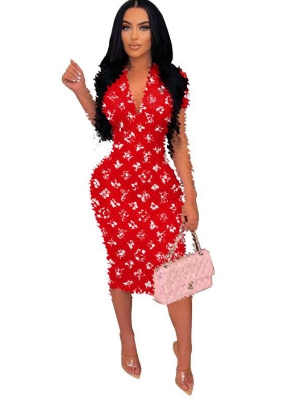 Chic Red Patterned Midi Dress